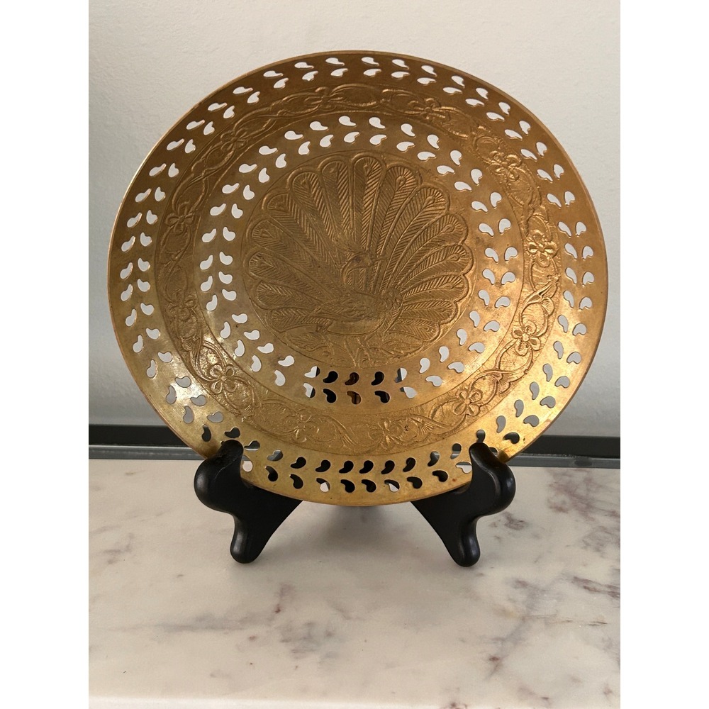 Vintage Etched Brass Peacock Bowl Pierced Cutout Floral Decorative Dish 7 Inch